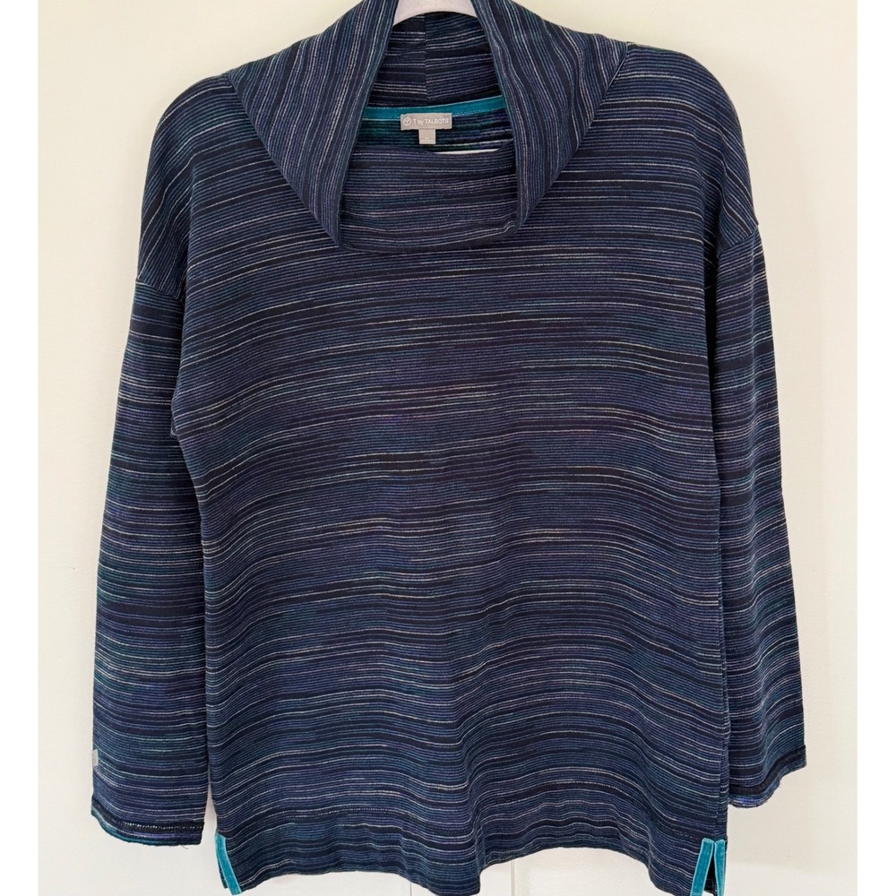T by Talbots Women's Top Tunic‎ Striped Cowl Neck Blue Activewear Medium